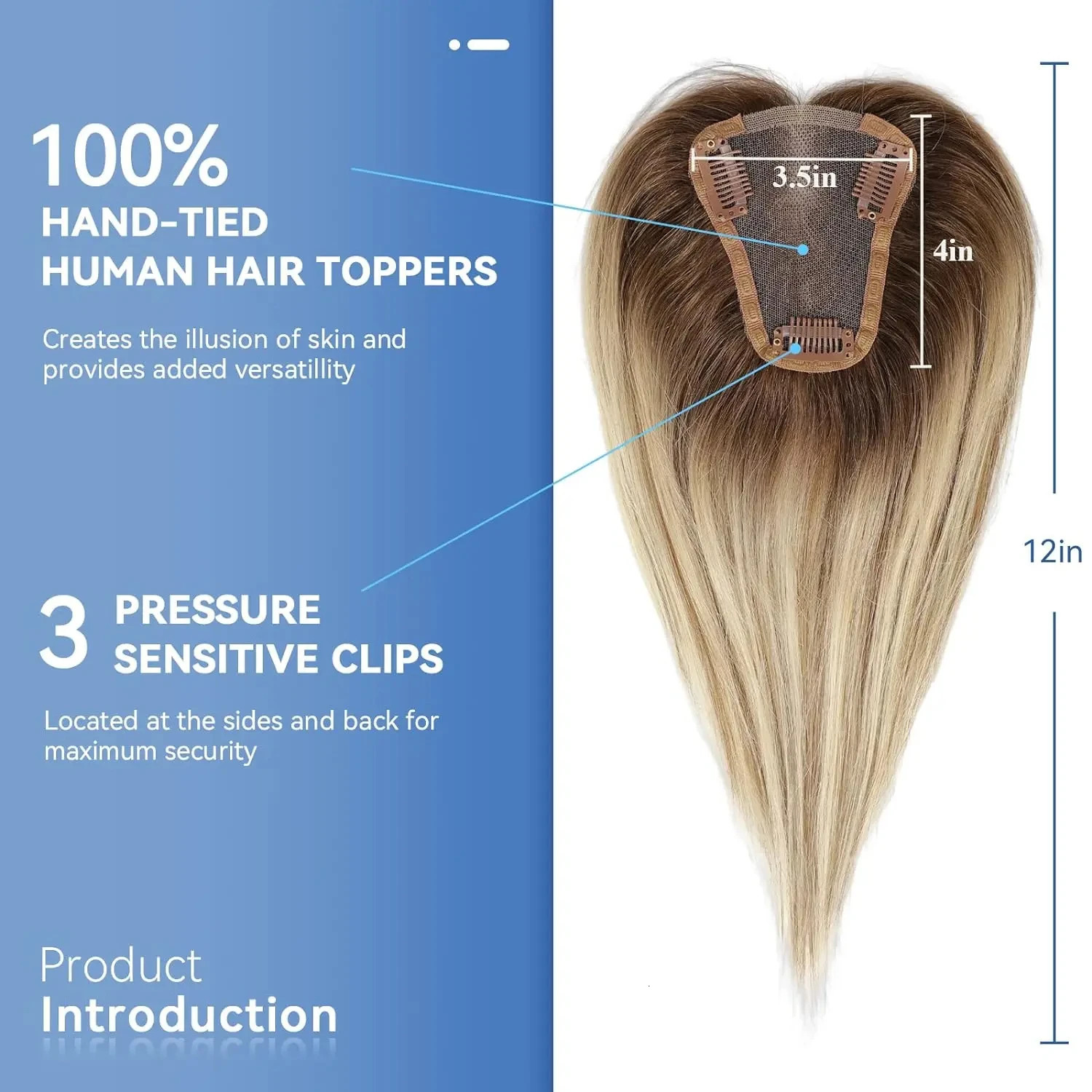 Light Brown Blonde Ombre 12 Inch Human Hair Toppers Lace Base Clip In Hairpiece for Women 100% Remy Human Hair Extensions 260808 - view 3