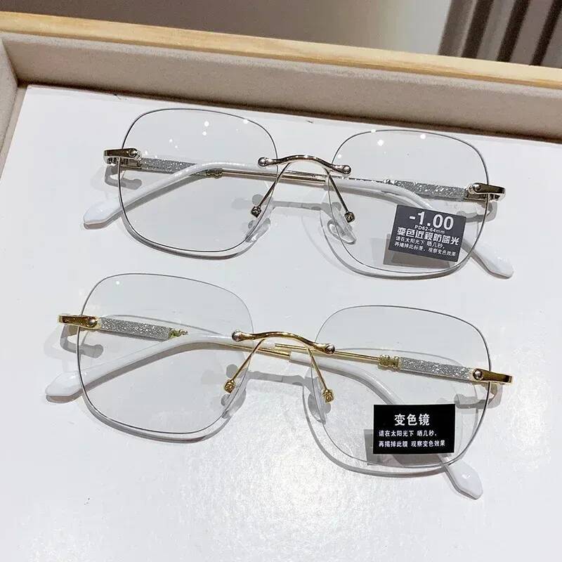 Advanced Frameless Photochromic Myopia Ladies' Fashion Square Anti Blue Light High-definition Glasses Diopter To -4.0 ddmysat - view 6