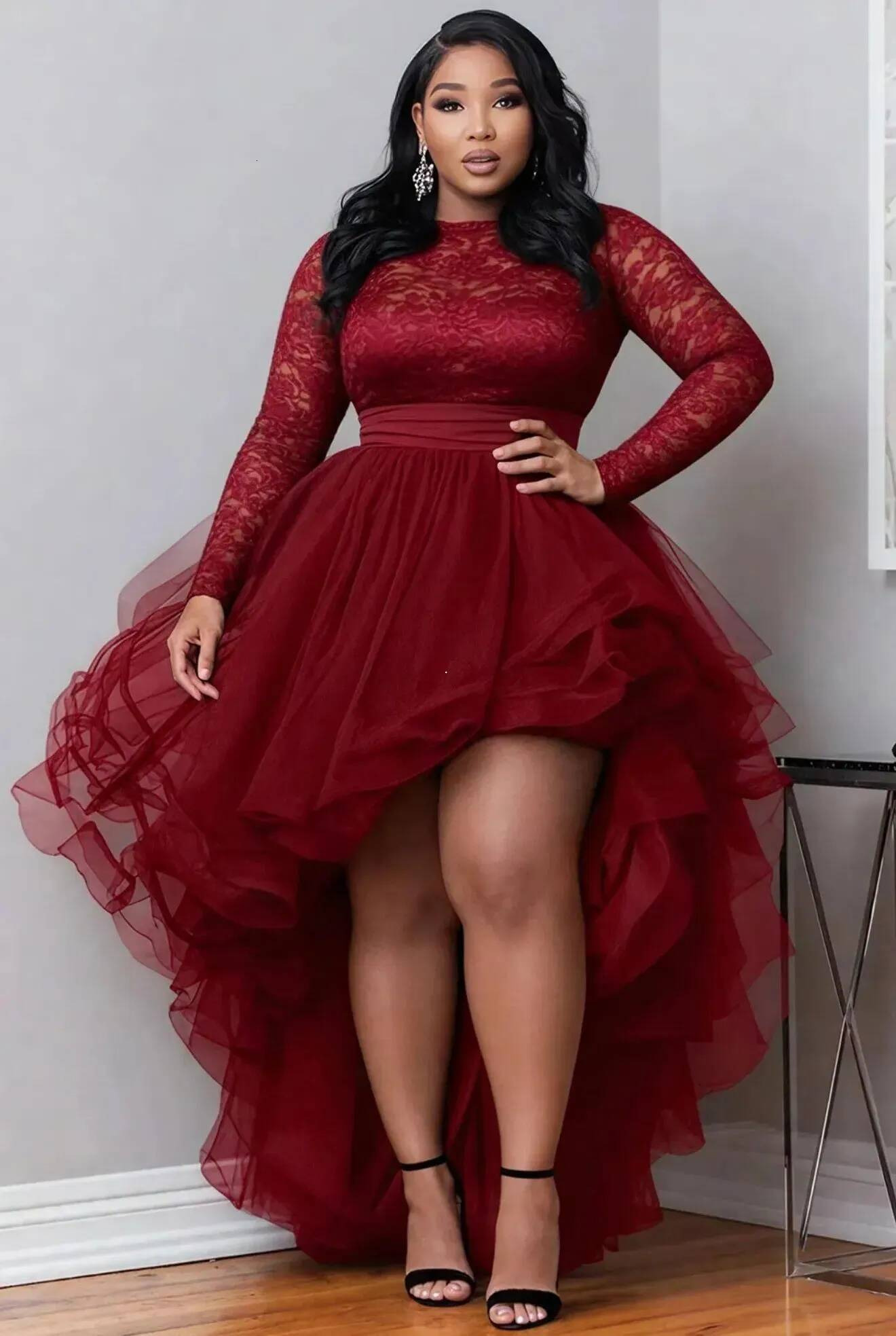 A Line Prom Dresses Lace Full Sleeves Hi Lo Tulle Evening Formal Party Second Birthday Engagement Reception Gowns Dress For Special Occasions 811
