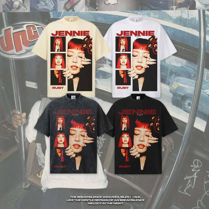 2026 washed T-Shirt Jennie Digital Direct Print 230g Snowflake Heavyweight Drop Shoulder Loose Fit Couple Short Sleeve - view 5