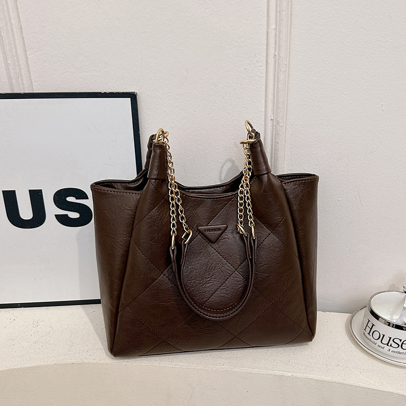Shoulder Bag Retro Quilted Tote Handbag Featuring Gold Hardware Chains And Soft Texture Dark Brown Color For Women Daily Commute Use - view 9