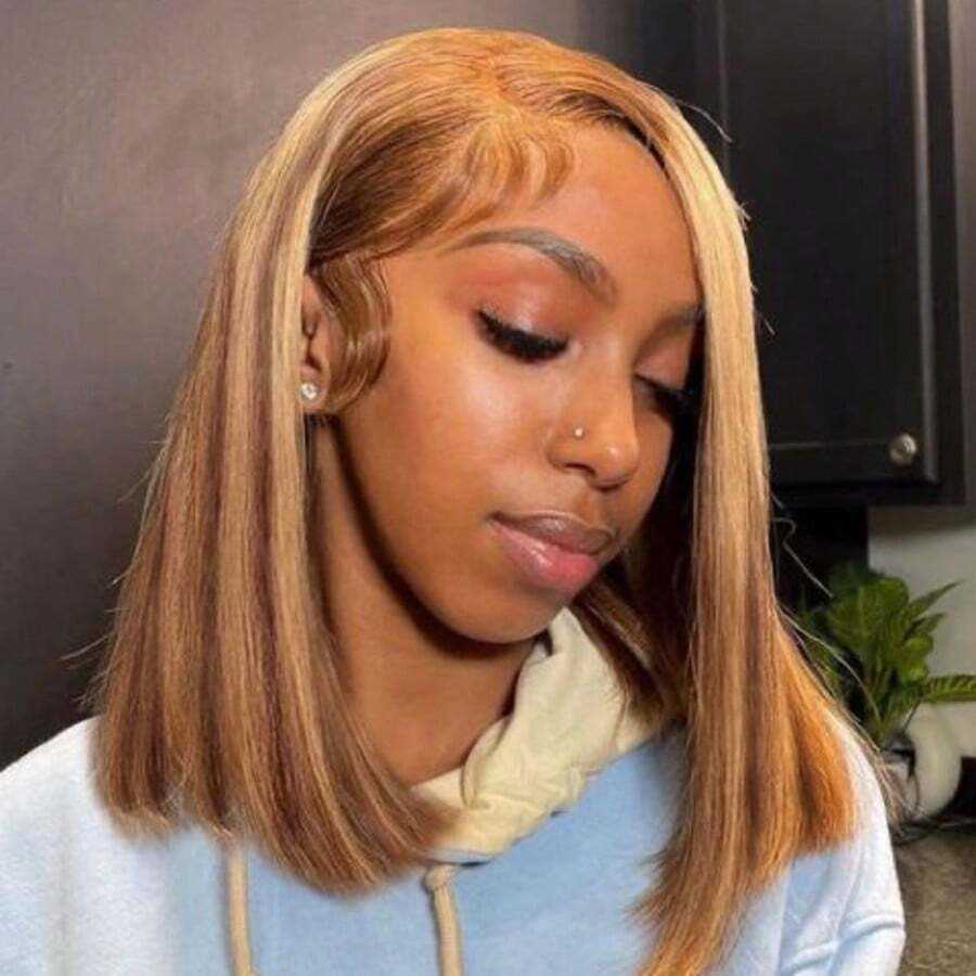 Straight 4/27 Highlight Ombre Lace Frontal Human Hair Wigs Short Bob Cut Wig 200% Density Honey Blonde Brown Mix Human Hair Wigs Pre Plucked Natural H - view 5