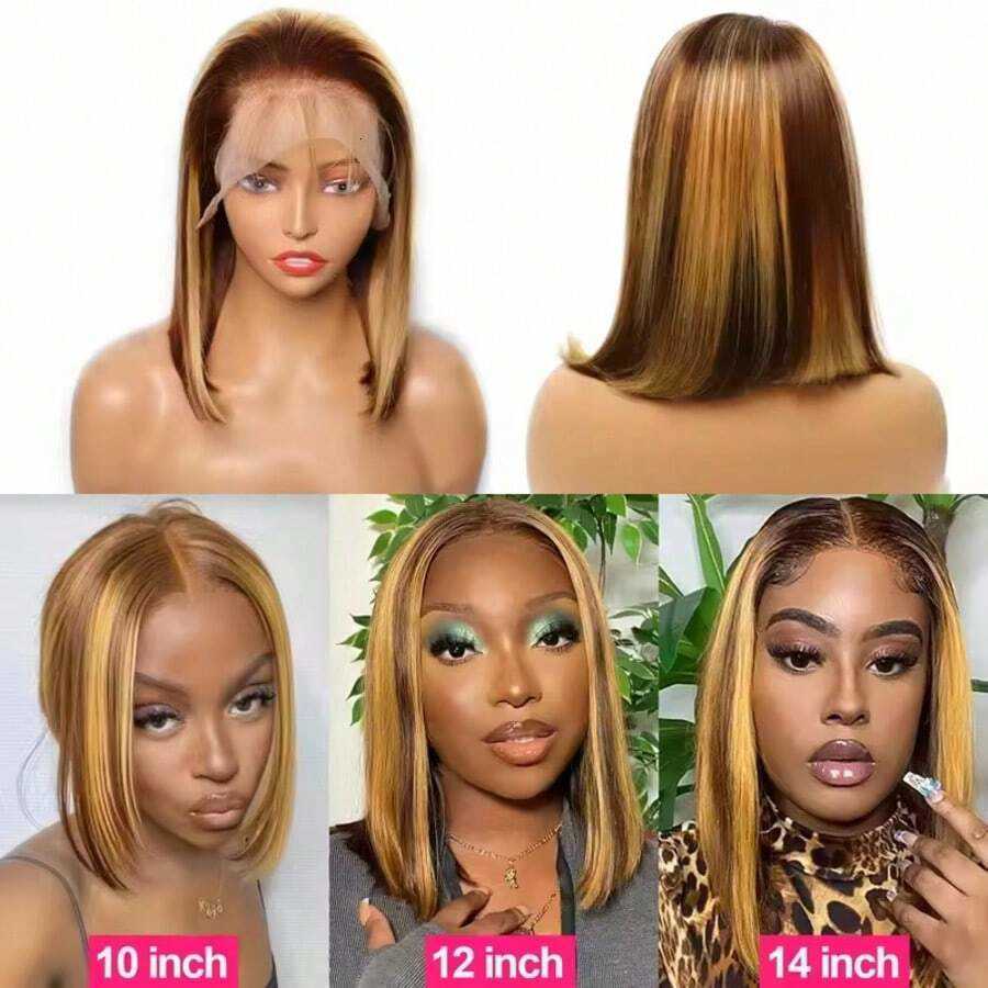 Straight 4/27 Highlight Ombre Lace Frontal Human Hair Wigs Short Bob Cut Wig 200% Density Honey Blonde Brown Mix Human Hair Wigs Pre Plucked Natural H - view 7