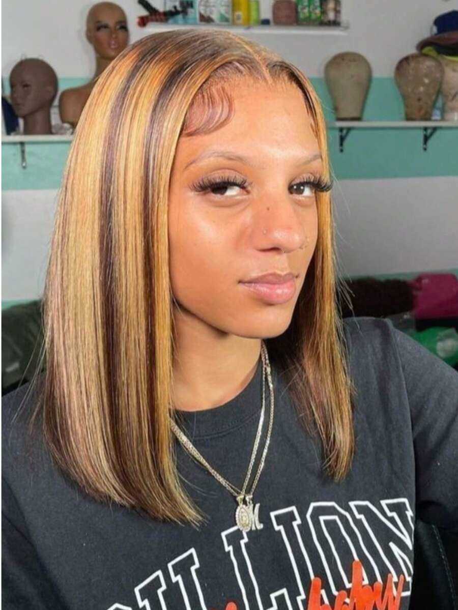 Straight 4/27 Highlight Ombre Lace Frontal Human Hair Wigs Short Bob Cut Wig 200% Density Honey Blonde Brown Mix Human Hair Wigs Pre Plucked Natural H - view 4
