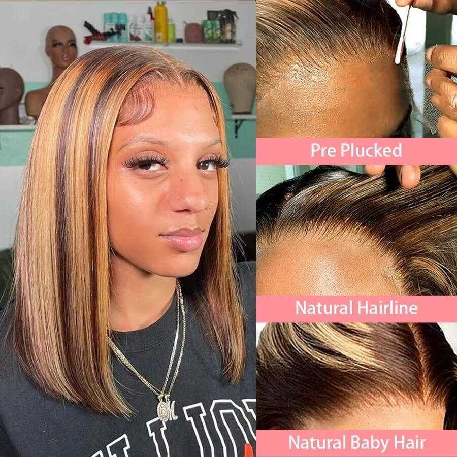 Straight 4/27 Highlight Ombre Lace Frontal Human Hair Wigs Short Bob Cut Wig 200% Density Honey Blonde Brown Mix Human Hair Wigs Pre Plucked Natural H - view 3