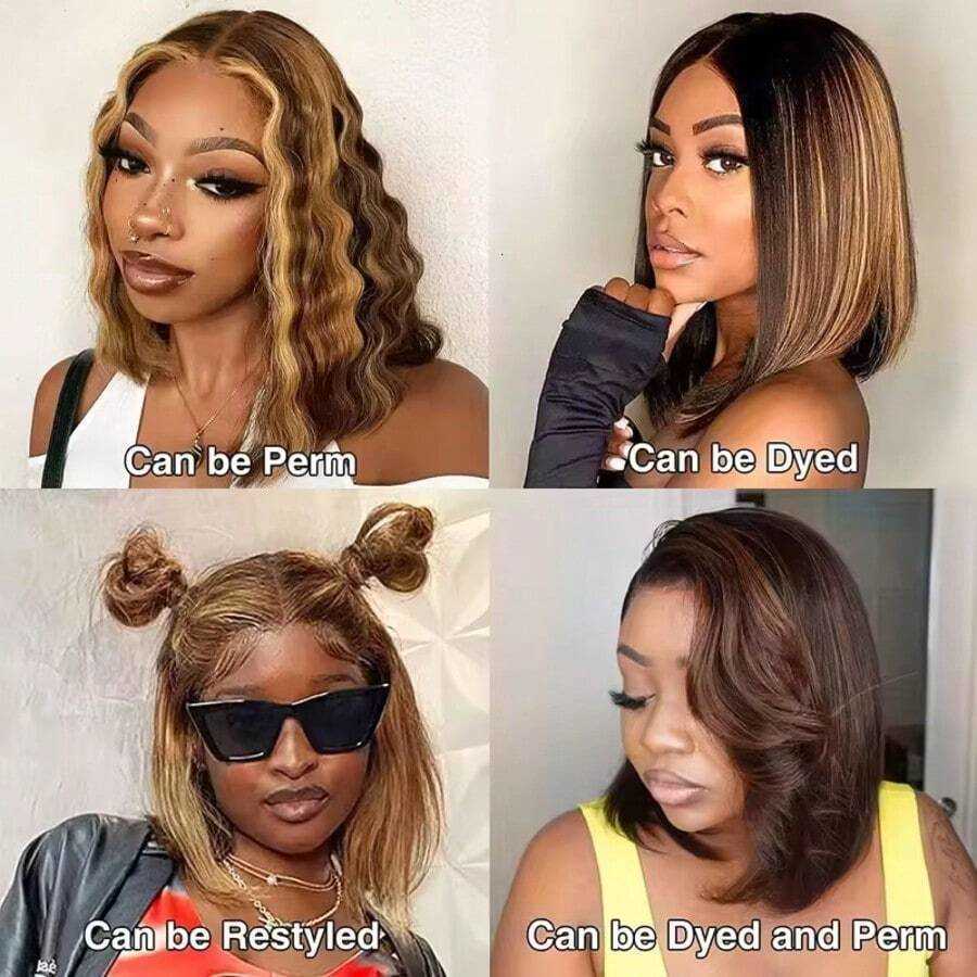 Straight 4/27 Highlight Ombre Lace Frontal Human Hair Wigs Short Bob Cut Wig 200% Density Honey Blonde Brown Mix Human Hair Wigs Pre Plucked Natural H - view 6