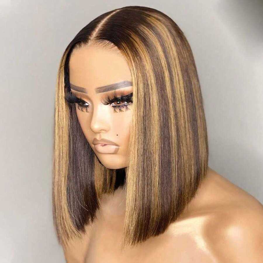 Straight 4/27 Highlight Ombre Lace Frontal Human Hair Wigs Short Bob Cut Wig 200% Density Honey Blonde Brown Mix Human Hair Wigs Pre Plucked Natural H