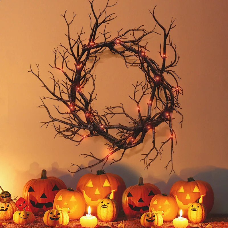Halloween Decoration Wreath Black Branch with spider LED Strings light Battery Powered for Party Home Front Door Wall Decor 260811 - view 7