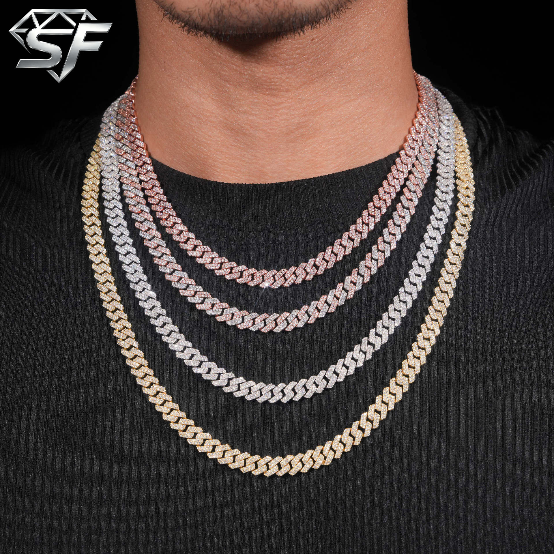 SF VVS Moissanite 8MM Raised Cuban Link Chain Rose Gold Plated Iced Out Sterling Silver Nickel-Free Lead-Free Hip Hop Jewelry