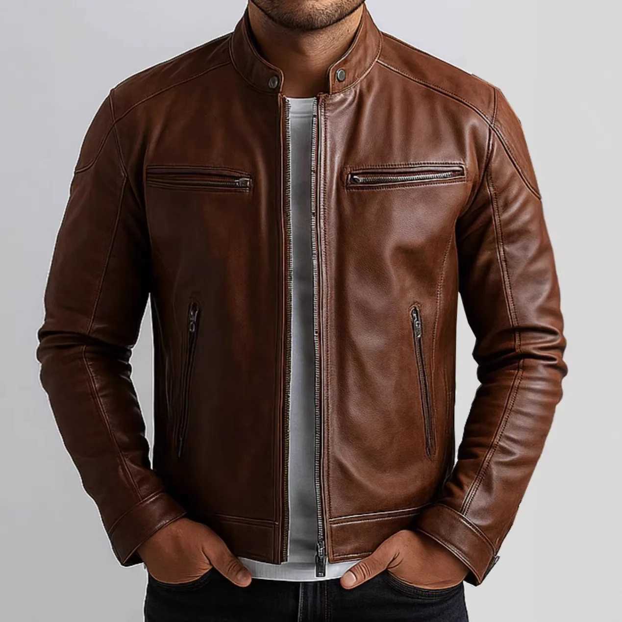 American Retro Men's Pu Leather Jackets Solid Slim Fit Punk Style Stand Collar Zipper Motorcycles Jacket Male Moto Biker CoatsT260812 - view 4