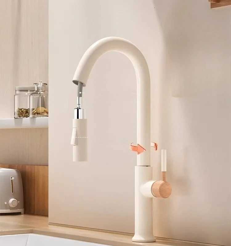Wooden cream pull-out hot and cold all copper faucet kitchen retractable rotating vegetable washing sink faucet X260813