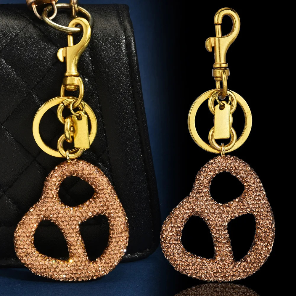 Rhinestone Pretzel Bag Charm Keychain Crystal Gold Hardware Sparkly Purse Pendant Accessory Cute Funny Foodie Gifts For Friends 260812 - view 3