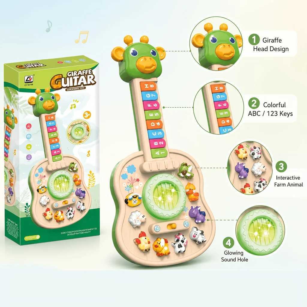 Children's Electronic Guitar Baby Piano with Animal Sounds Color Recognition Lights Melodies Educational Toy Green Giraffe C2601016 - view 1