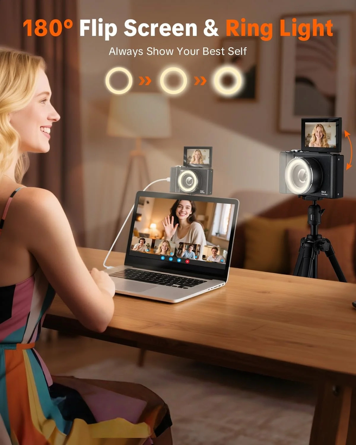 4K Digital Camera for Pography 4k with Ring Light180° Flip Screen Vlogging BeauTY Mode Point and Shoot Cameras y260821 - view 3