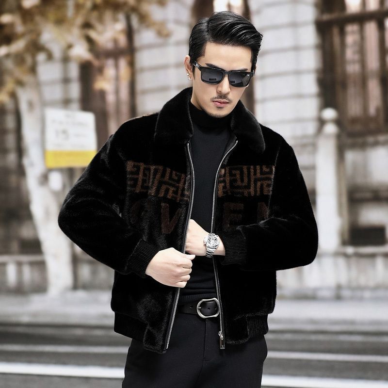 Men's Faux Fur Coat, Athleisure Wool-Blend Jacket with White and Black Contrast, Short Half-Sleeve Lapel, Single-Button Closure and Floral Detail for  - view 3