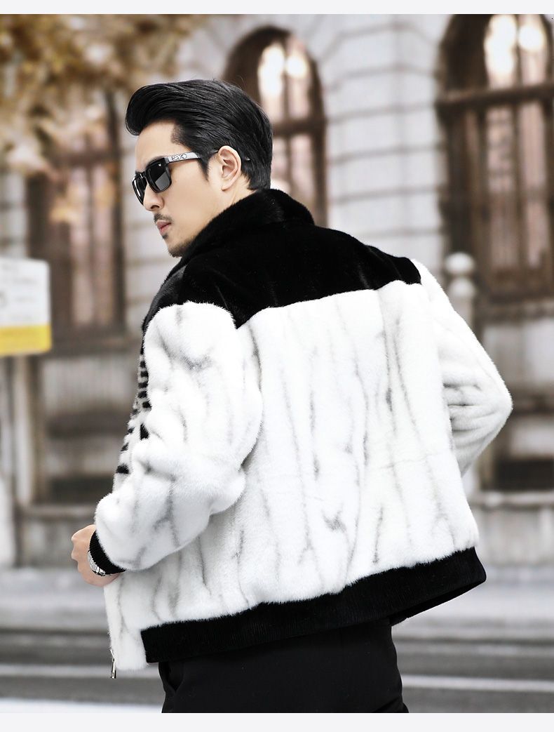 Men's Faux Fur Coat, Athleisure Wool-Blend Jacket with White and Black Contrast, Short Half-Sleeve Lapel, Single-Button Closure and Floral Detail for  - view 9