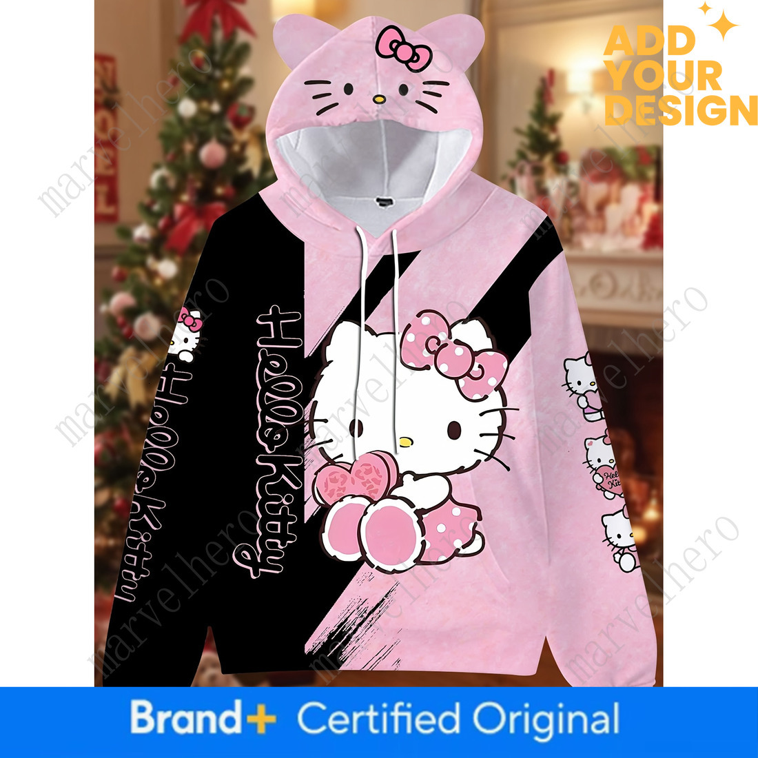 Sanrio Hello Kitty Cartoon Hoodie Cat Ears Long Sleeve Pullover Sweatshirt For Men Women Cute Hooded Sweatshirts With Pocket