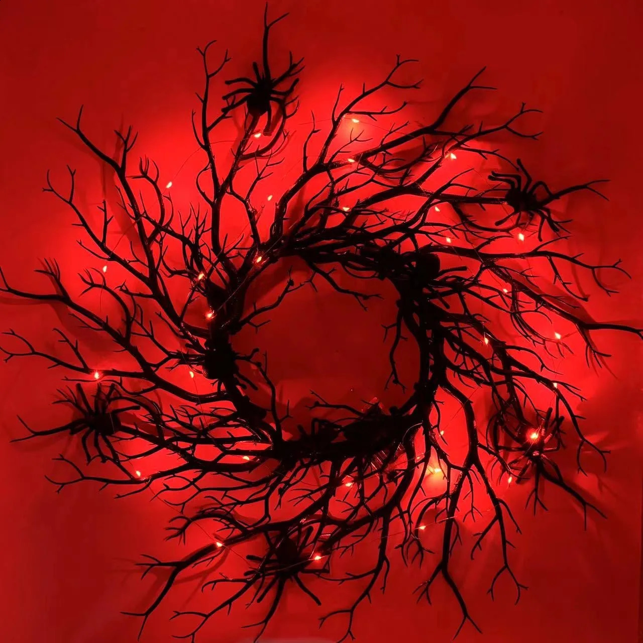 Halloween Decoration Wreath Black Branch with spider LED Strings light Battery Powered for Party Home Front Door Wall Decor 260811