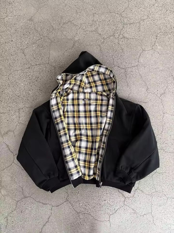 Men Zip Up Hoodie Reversible Plaid Spliced Hooded Sweatshirt Autumn Winter New Fashion Double Sided Wear Zip Hoodies For Men