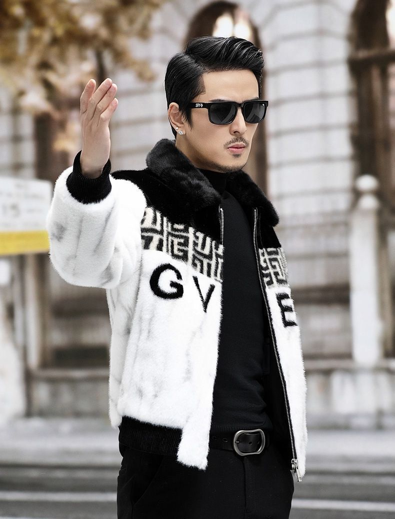 Men's Faux Fur Coat, Athleisure Wool-Blend Jacket with White and Black Contrast, Short Half-Sleeve Lapel, Single-Button Closure and Floral Detail for  - view 8