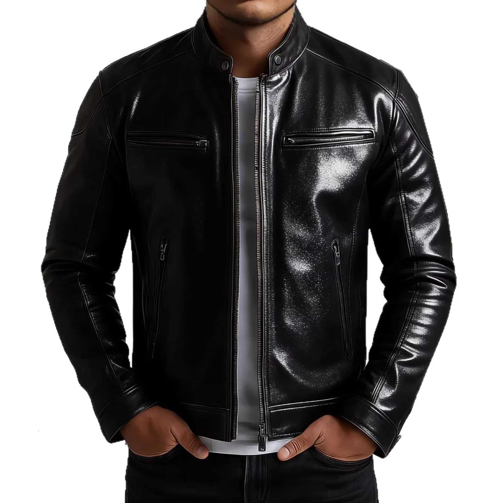 American Retro Men's Pu Leather Jackets Solid Slim Fit Punk Style Stand Collar Zipper Motorcycles Jacket Male Moto Biker CoatsT260812 - view 3