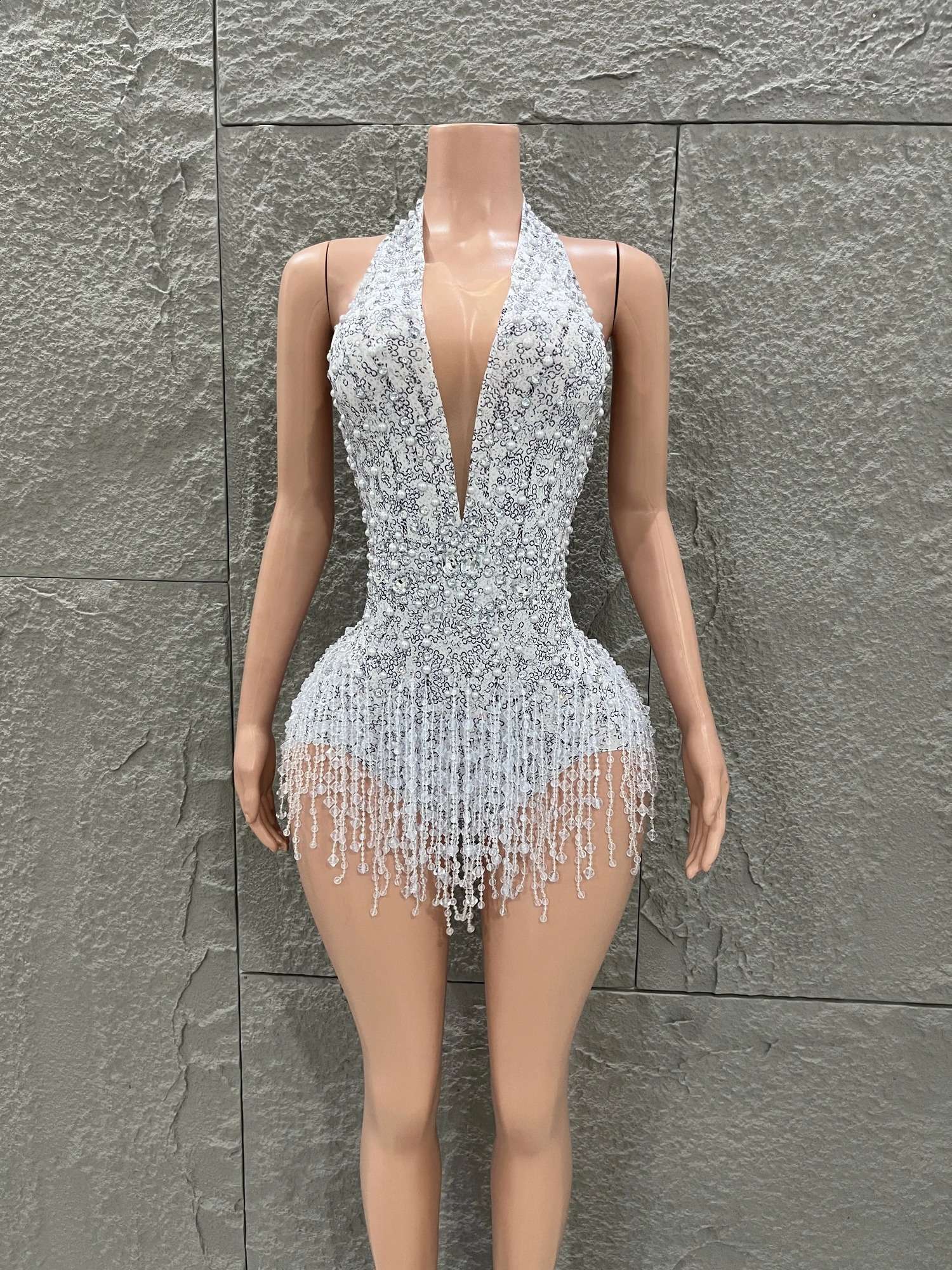 Opulent Deep V Neck Backless Performance Dance Costume Sparkly Rhinestones Pearls Bodysuit Dancer Stage Wear Club Outfit 260812