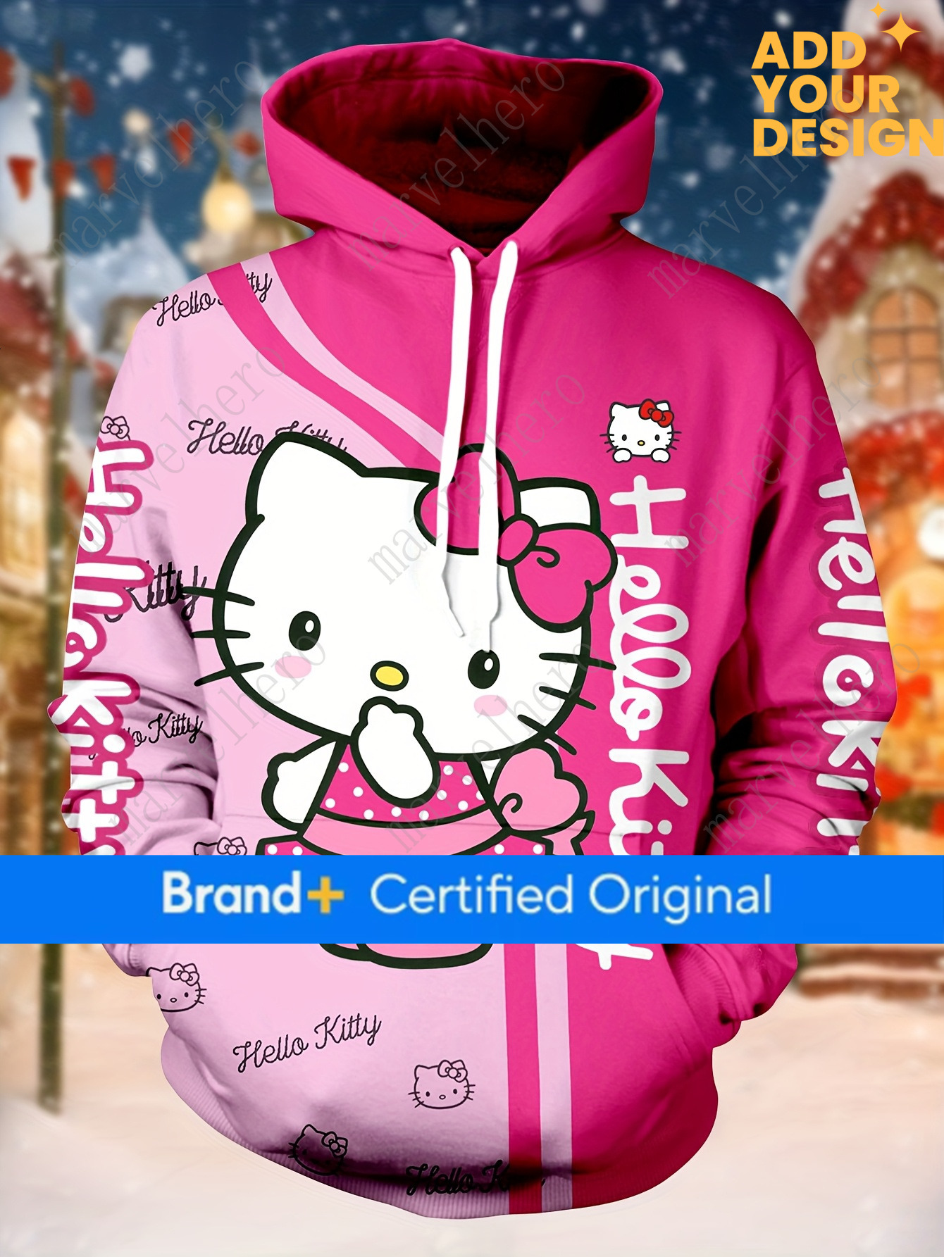 Sanrio Hello Kitty Cartoon Hoodie Cat Ears Long Sleeve Pullover Sweatshirt For Men Women Cute Hooded Sweatshirts With Pocket - view 3
