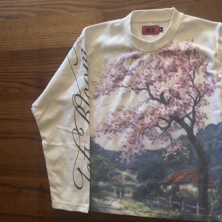 Unisex Cherry Blossom Landscape Painting Long Sleeve T-Shirt Cursive Letter Print Waffle Knit Y2K Streetwear Top Free Shipping - view 5