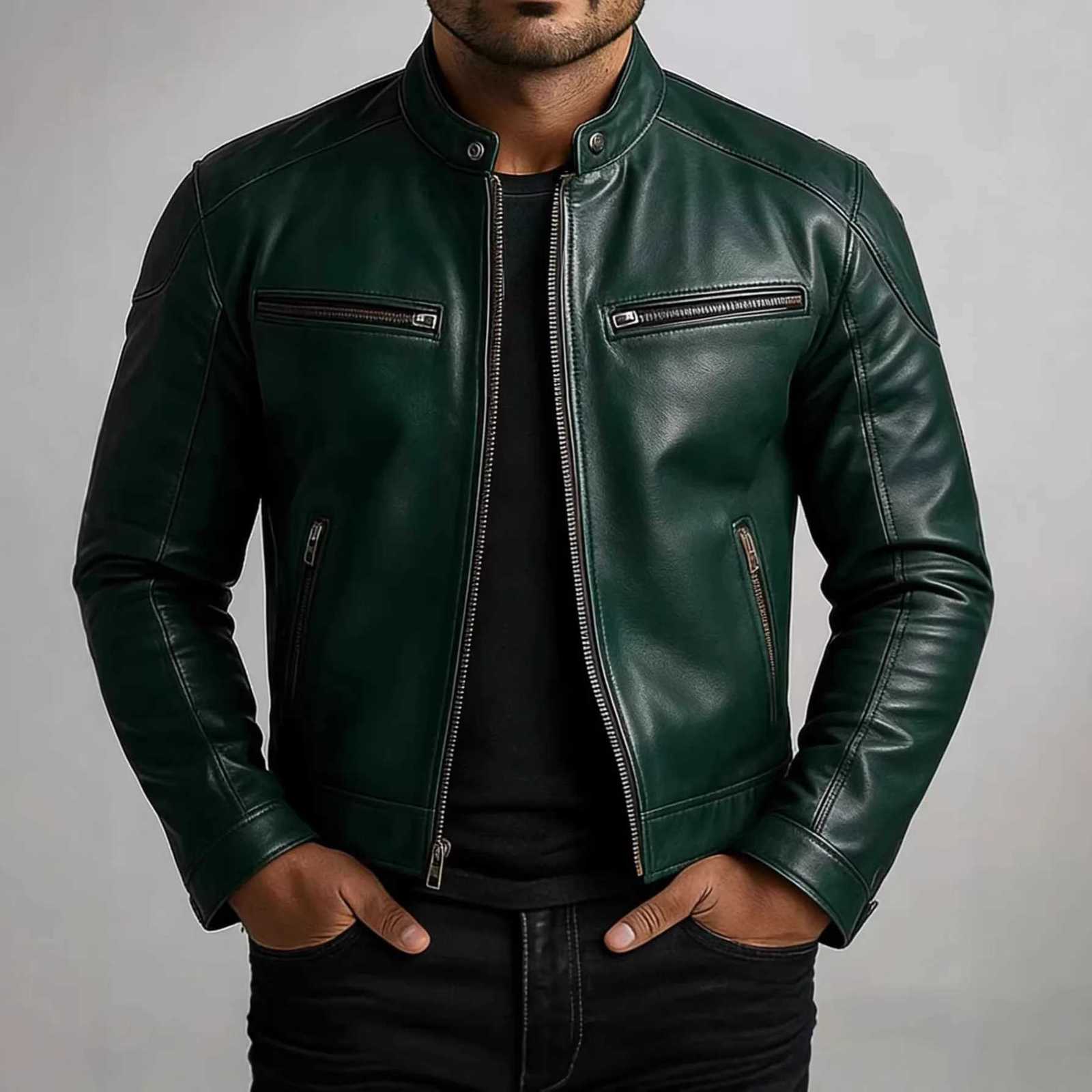 American Retro Men's Pu Leather Jackets Solid Slim Fit Punk Style Stand Collar Zipper Motorcycles Jacket Male Moto Biker CoatsT260812 - view 6