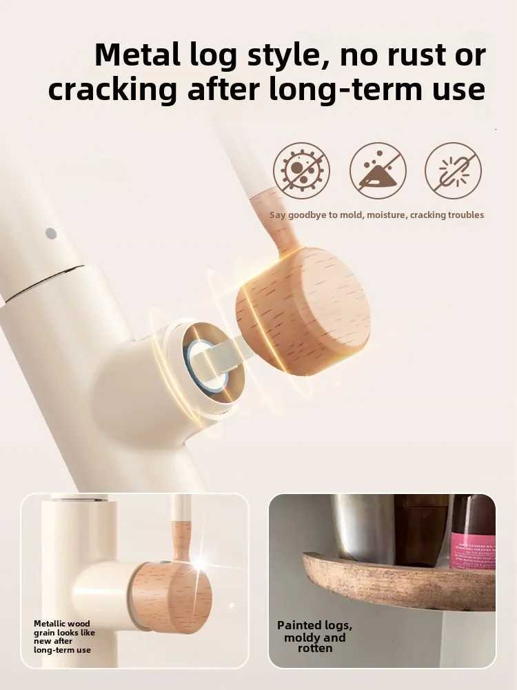 Wooden cream pull-out hot and cold all copper faucet kitchen retractable rotating vegetable washing sink faucet X260813