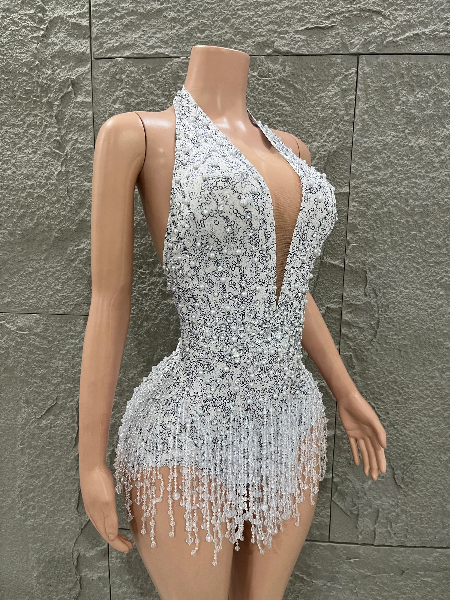 Opulent Deep V Neck Backless Performance Dance Costume Sparkly Rhinestones Pearls Bodysuit Dancer Stage Wear Club Outfit 260812 - view 7