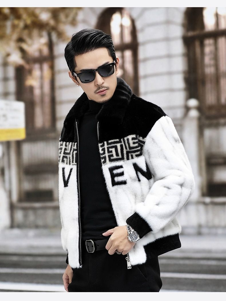 Men's Faux Fur Coat, Athleisure Wool-Blend Jacket with White and Black Contrast, Short Half-Sleeve Lapel, Single-Button Closure and Floral Detail for  - view 6