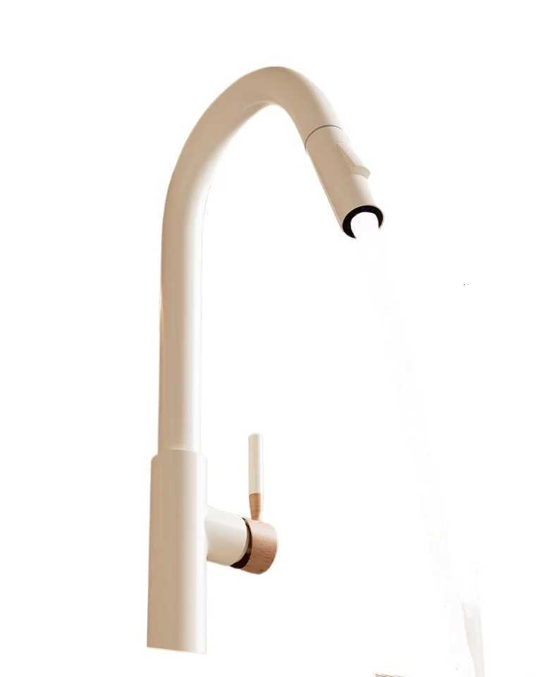 Wooden cream pull-out hot and cold all copper faucet kitchen retractable rotating vegetable washing sink faucet X260813