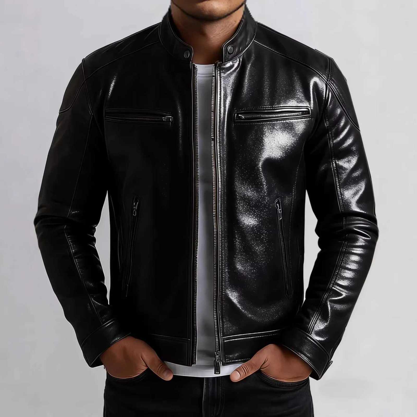 American Retro Men's Pu Leather Jackets Solid Slim Fit Punk Style Stand Collar Zipper Motorcycles Jacket Male Moto Biker CoatsT260812 - view 7
