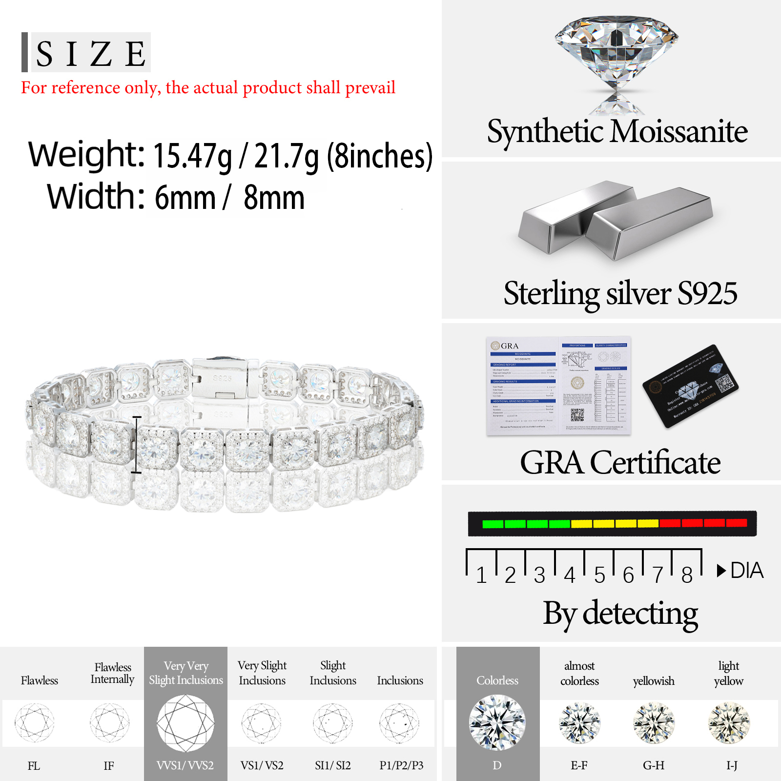 Sparkling 6Mm 8Mm Moissanite Halo Tennis Bracelet High Quality White Gold Non Fade 925 Sterling Silver Hip Hop Jewelry For Men - view 7