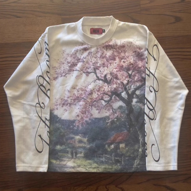 Unisex Cherry Blossom Landscape Painting Long Sleeve T-Shirt Cursive Letter Print Waffle Knit Y2K Streetwear Top Free Shipping