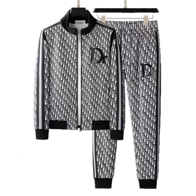 Mens Stand Collar Zip Tracksuit Two Piece Outfit Allover Tiny Letter Print Side Double Stripe Trim Chest Badge Detail Drawstring Cuffed Jogger Pants S