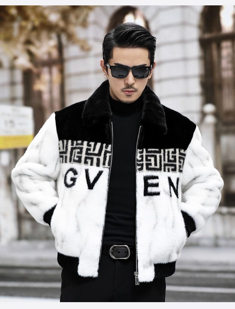 Men's Faux Fur Coat, Athleisure Wool-Blend Jacket with White and Black Contrast, Short Half-Sleeve Lapel, Single-Button Closure and Floral Detail for 