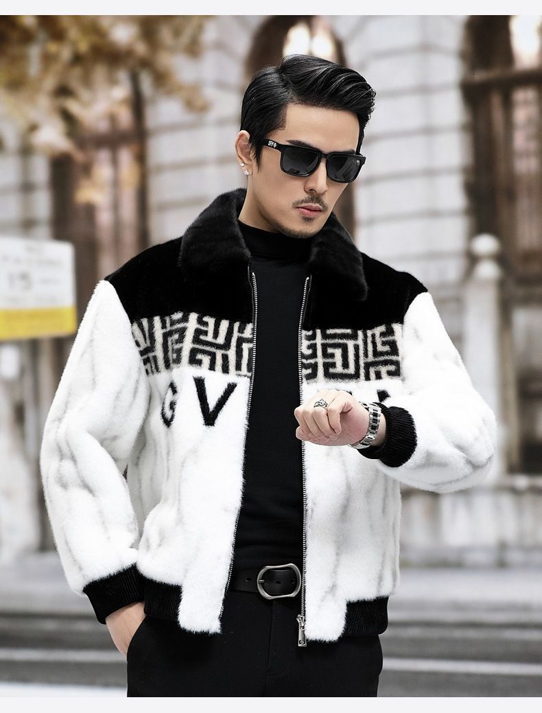 Men's Faux Fur Coat, Athleisure Wool-Blend Jacket with White and Black Contrast, Short Half-Sleeve Lapel, Single-Button Closure and Floral Detail for  - view 5