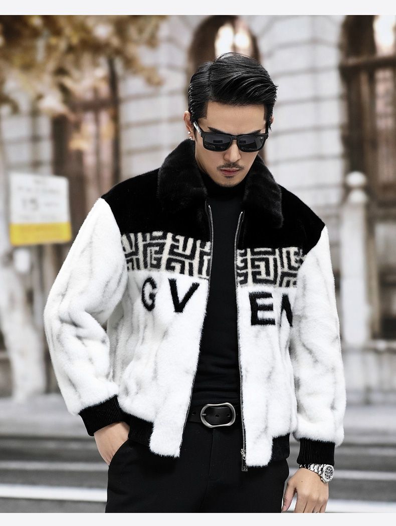 Men's Faux Fur Coat, Athleisure Wool-Blend Jacket with White and Black Contrast, Short Half-Sleeve Lapel, Single-Button Closure and Floral Detail for  - view 7