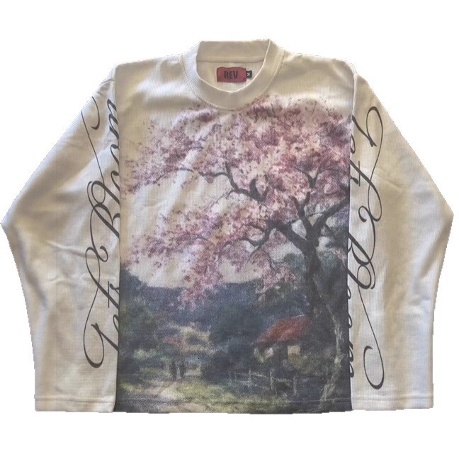 Unisex Cherry Blossom Landscape Painting Long Sleeve T-Shirt Cursive Letter Print Waffle Knit Y2K Streetwear Top Free Shipping - view 6
