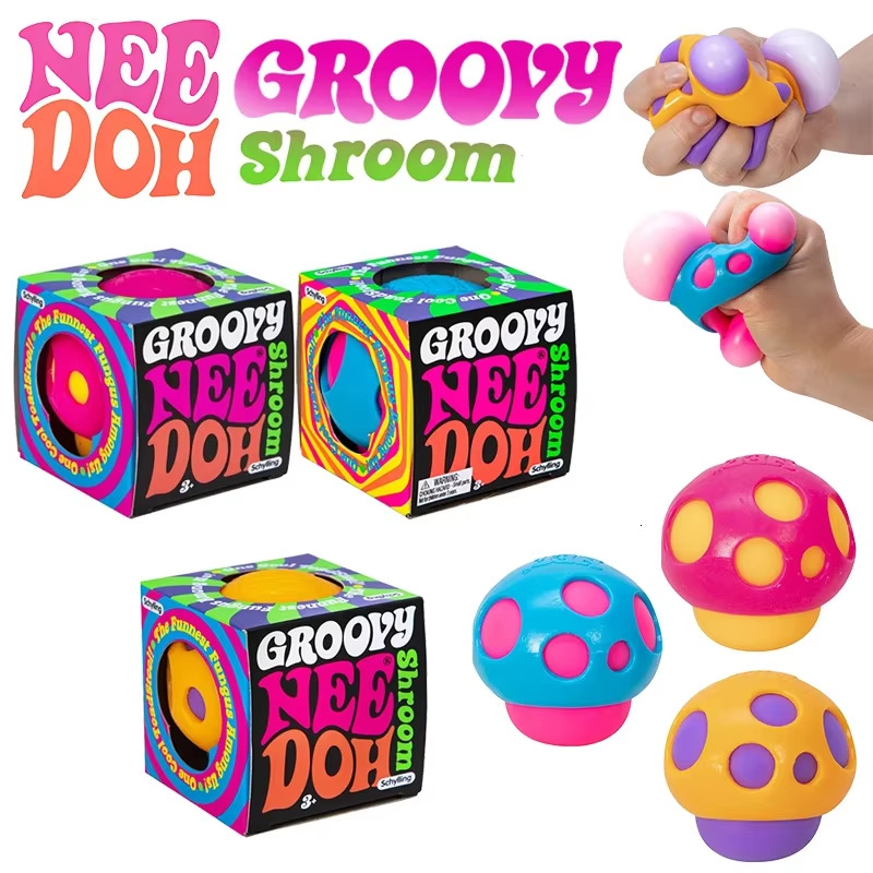 Needoh Groovy Shroom Squishy Fidget Retro Mushroom Soft Stress Ball Non-toxic Anxiety Relief Calm Down Desk Accompany Toy 26L0813