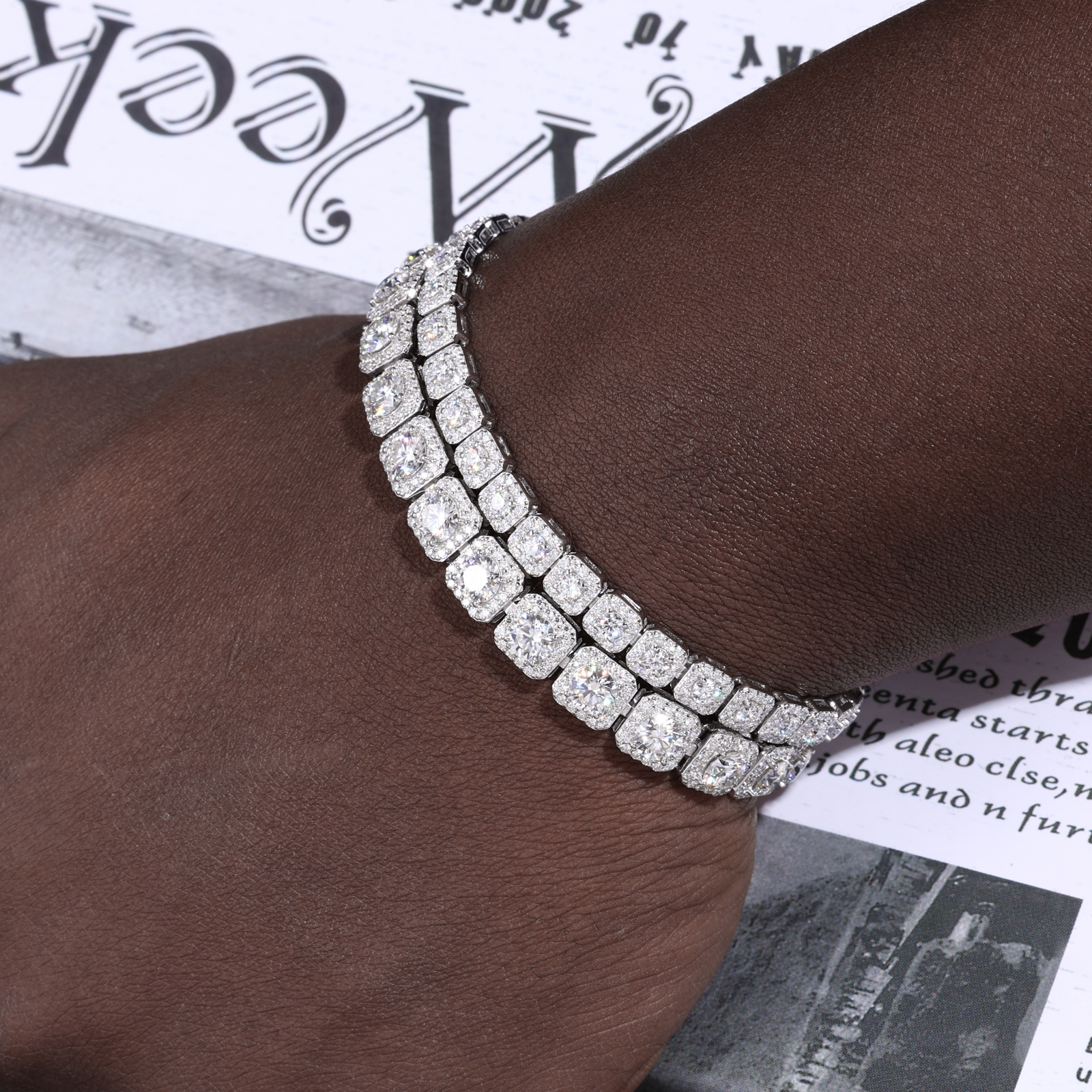 Sparkling 6Mm 8Mm Moissanite Halo Tennis Bracelet High Quality White Gold Non Fade 925 Sterling Silver Hip Hop Jewelry For Men - view 3
