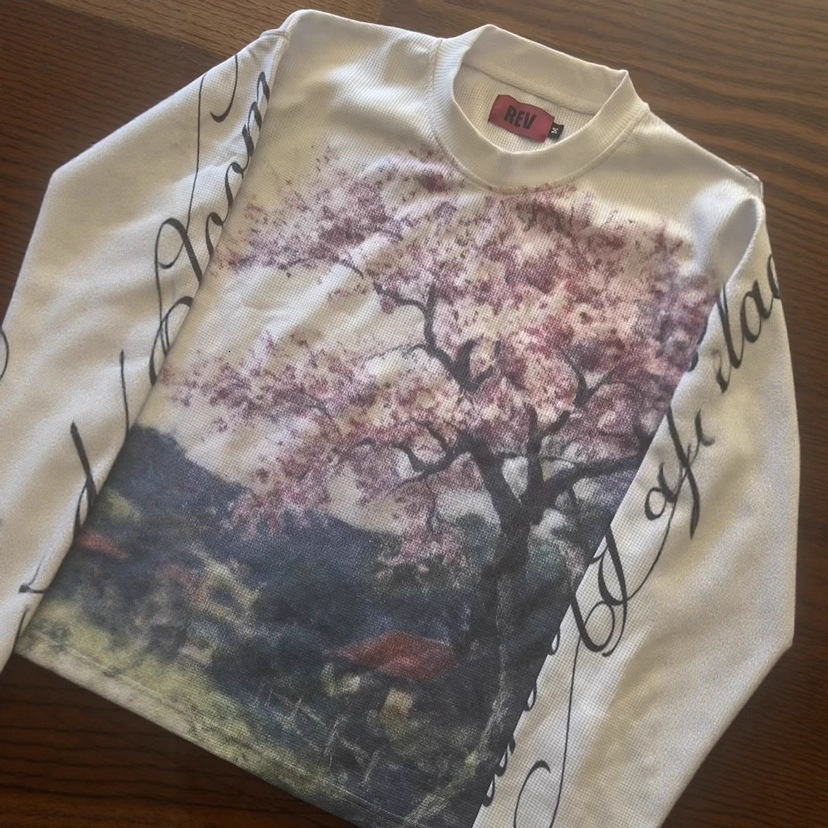 Unisex Cherry Blossom Landscape Painting Long Sleeve T-Shirt Cursive Letter Print Waffle Knit Y2K Streetwear Top Free Shipping - view 4