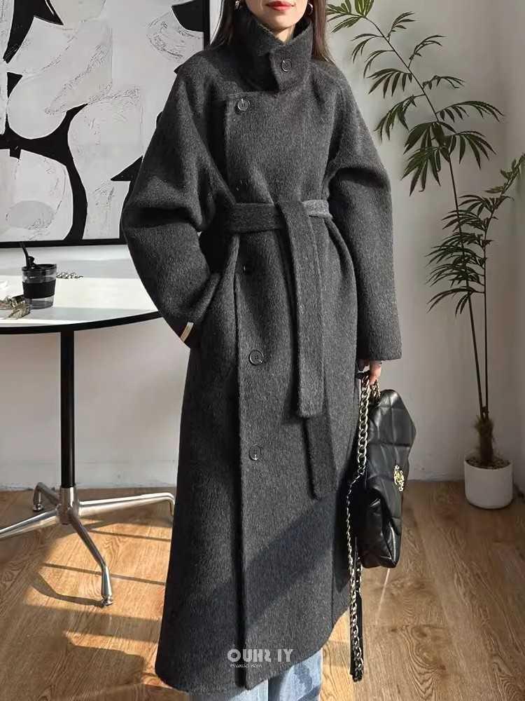 Dark Korean Fashion Gray Stand Collar 100%Wool Coat Women Long Winter JacketT260813