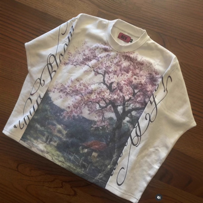 Unisex Cherry Blossom Landscape Painting Long Sleeve T-Shirt Cursive Letter Print Waffle Knit Y2K Streetwear Top Free Shipping - view 3