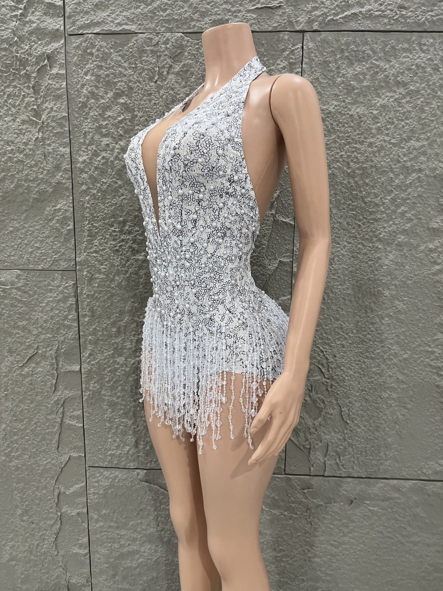 Opulent Deep V Neck Backless Performance Dance Costume Sparkly Rhinestones Pearls Bodysuit Dancer Stage Wear Club Outfit 260812 - view 3