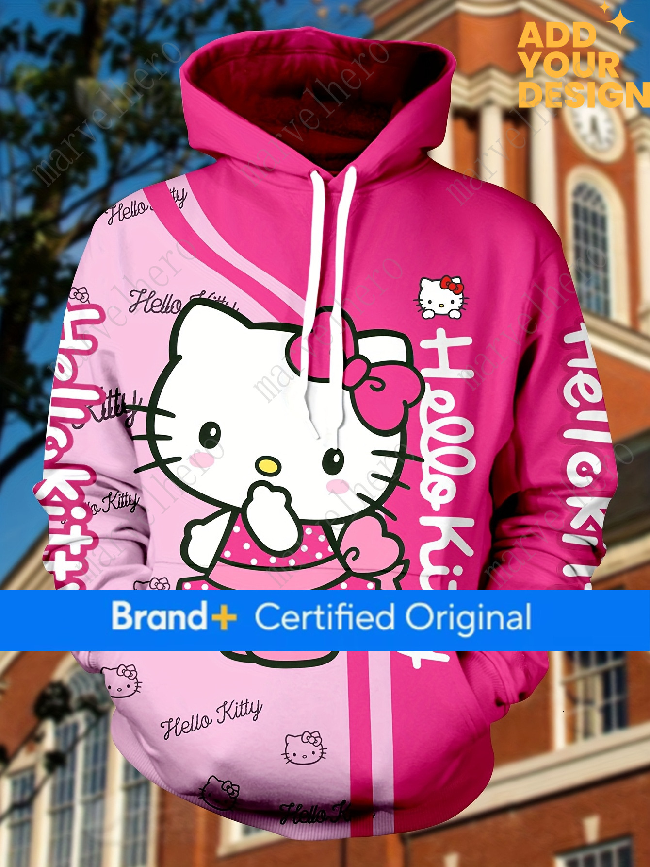Sanrio Hello Kitty Cartoon Hoodie Cat Ears Long Sleeve Pullover Sweatshirt For Men Women Cute Hooded Sweatshirts With Pocket - view 5