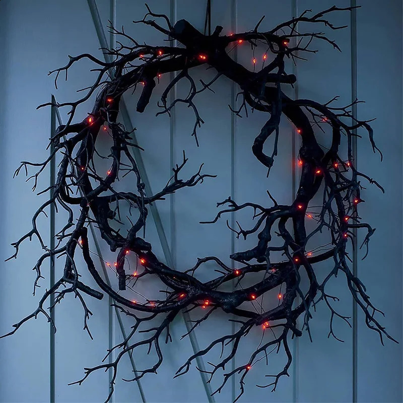 Halloween Decoration Wreath Black Branch with spider LED Strings light Battery Powered for Party Home Front Door Wall Decor 260811 - view 5
