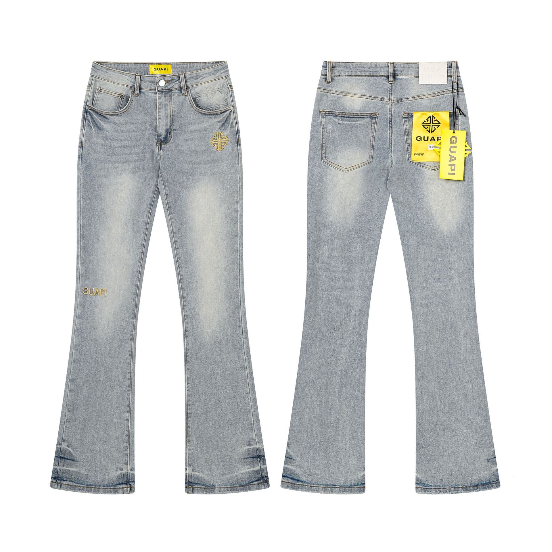 Designer men jeans GUAPI Fashion Brand Washed Distressed Slightly Stretchy European and American Street Style Micro Flare Jeans for Men - view 5